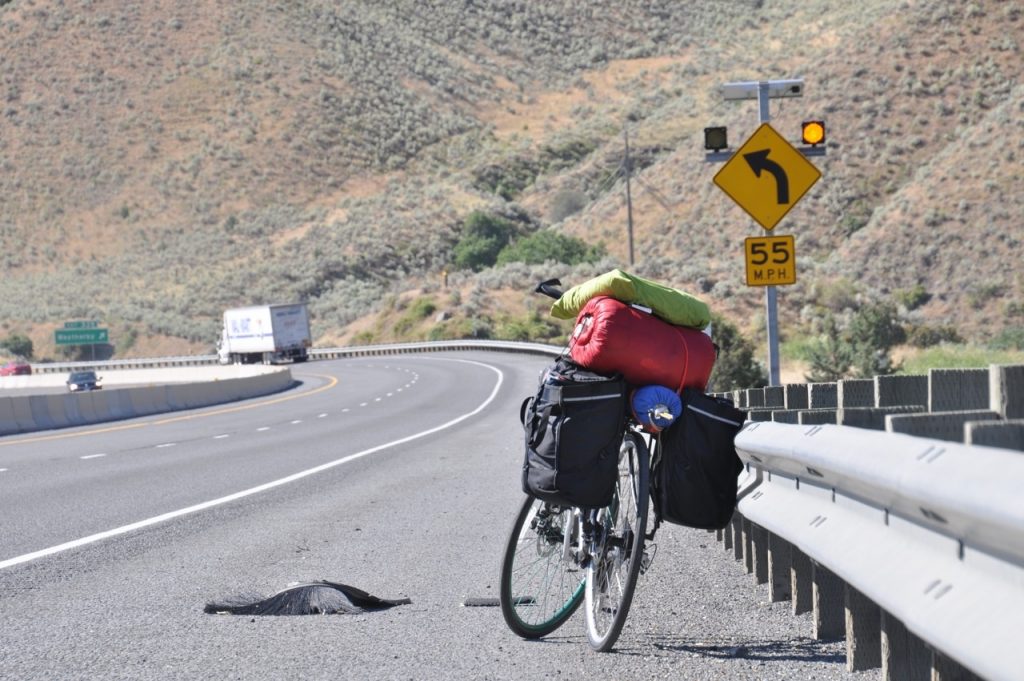 Casey Miller's bike with his survival gear.